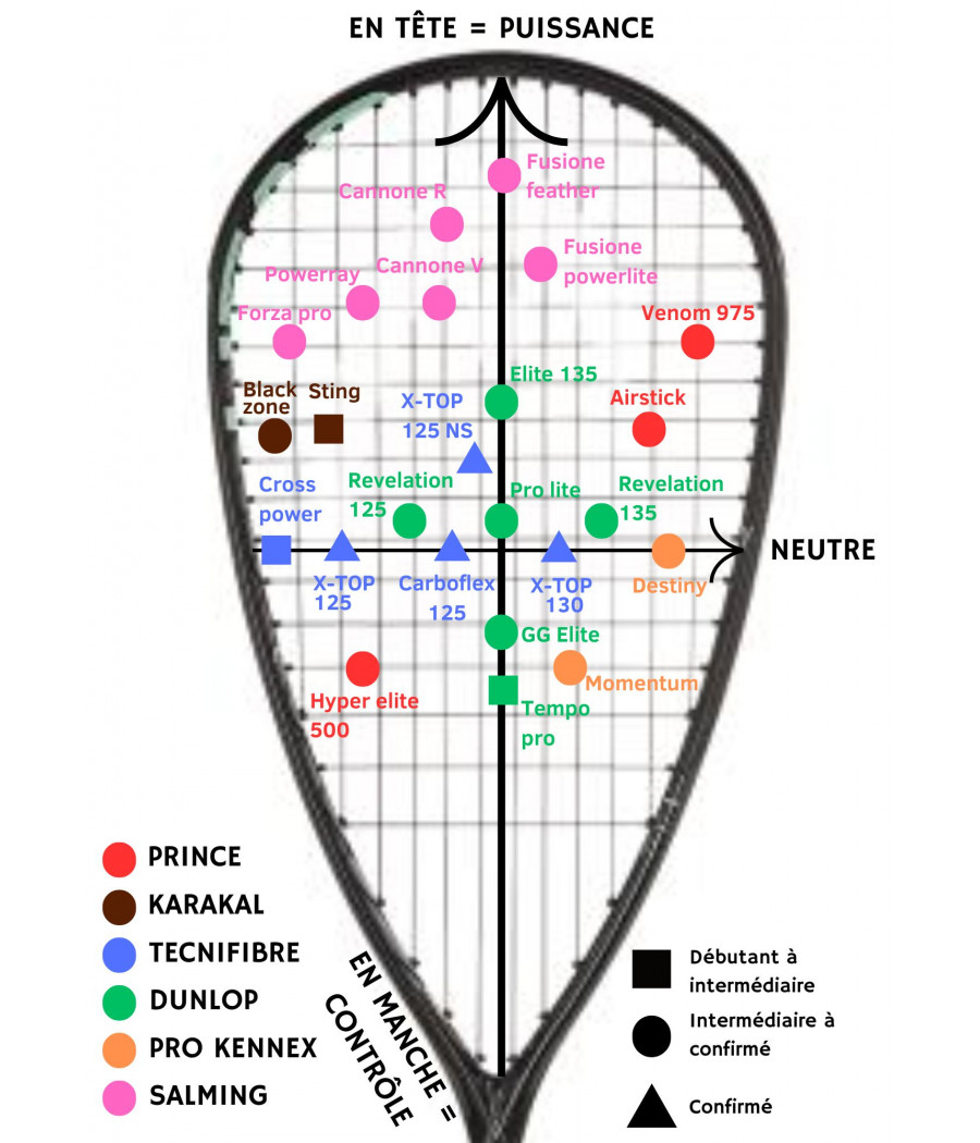 Graphique comparant les caractéristiques des raquettes de squash